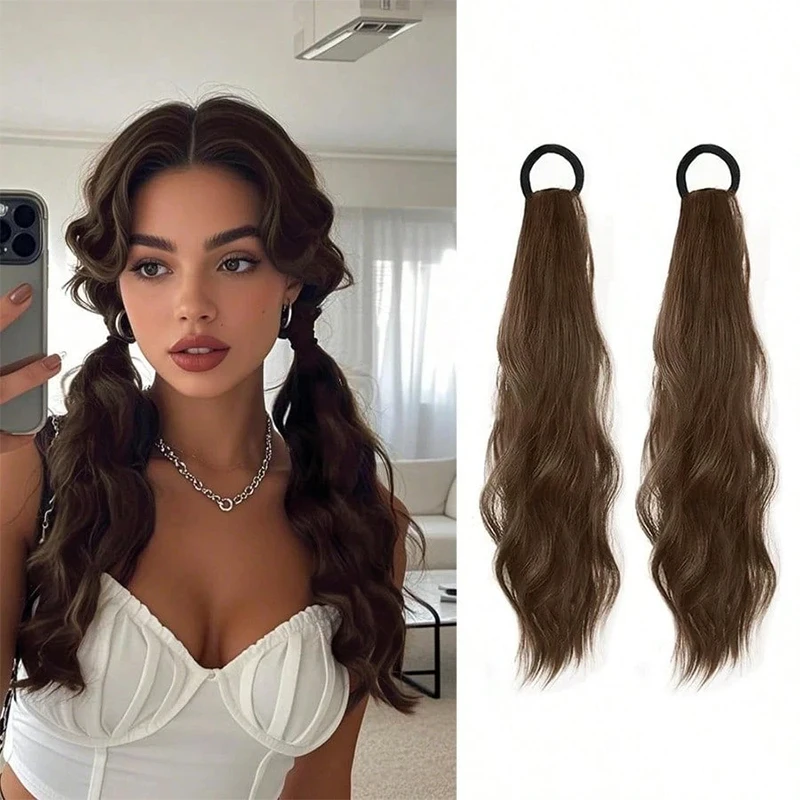 

2PCS Wave Ponytail Extensions with Hair Tie Hair 18 Inch Natural Wave Fake Ponytail for Women Daily Synthetic Curly Horse Tail