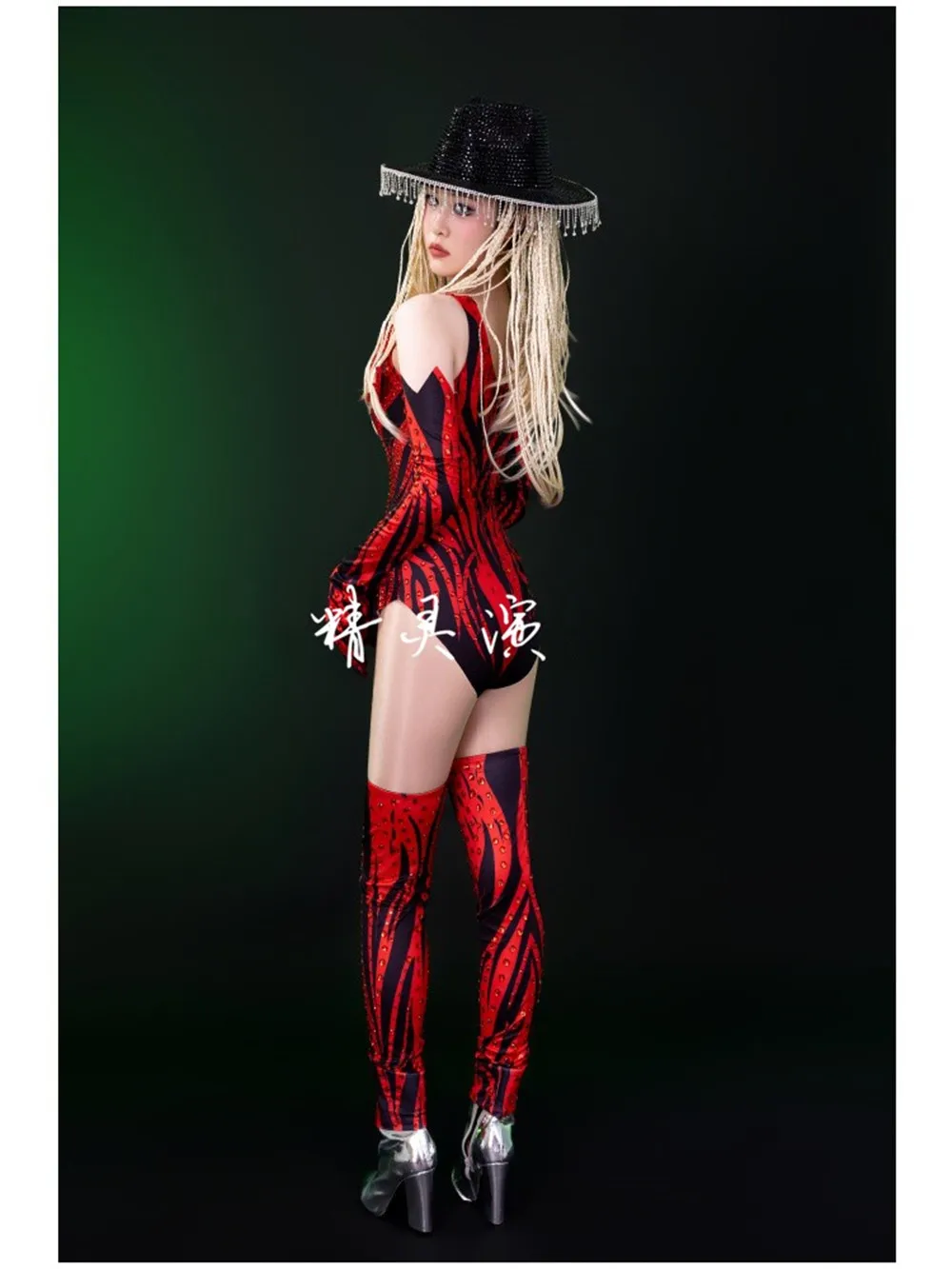 Body con purpurina rosa y rojo con diamantes de imitación, guantes, cubierta para piernas, traje de baile, Festival de Música, espectáculo de cantante, ropa de escenario, disfraz de Drag Queen