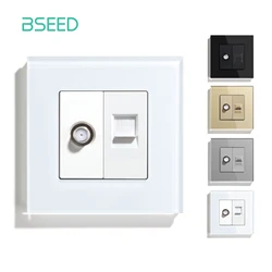 BSEED EU Standard Satellite PC Wall Socket Internet CAT5 Network Antenna Power Outlet Crystal Glass Panel 86*86mm