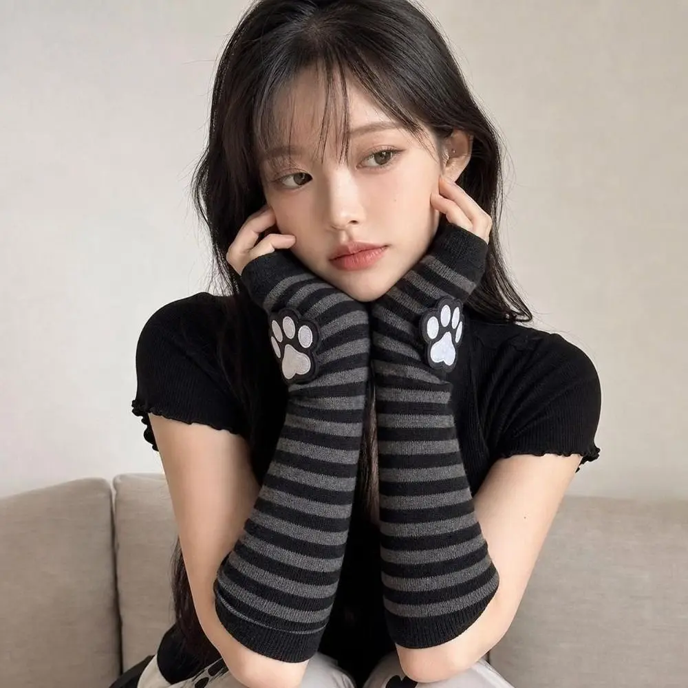 Cute Cat Claw Striped Pattern Fingerless Gloves Black Long Tube Design Arm Cover Sun Protection Sleeves Gloves for Women