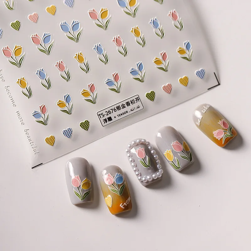 Tulpe Nagel aufkleber 5d hochwertige geprägte mehrfarbige Tulpe Design neue Technologie dünne transparente Nail Art dekorative Aufkleber