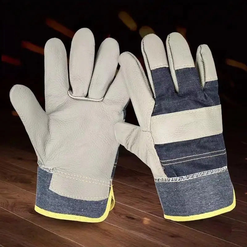 1 Pair Cowhide Denim Gloves Thickened Safety Protective Gloves for Handling Heavy Equipment Construction Yard Work