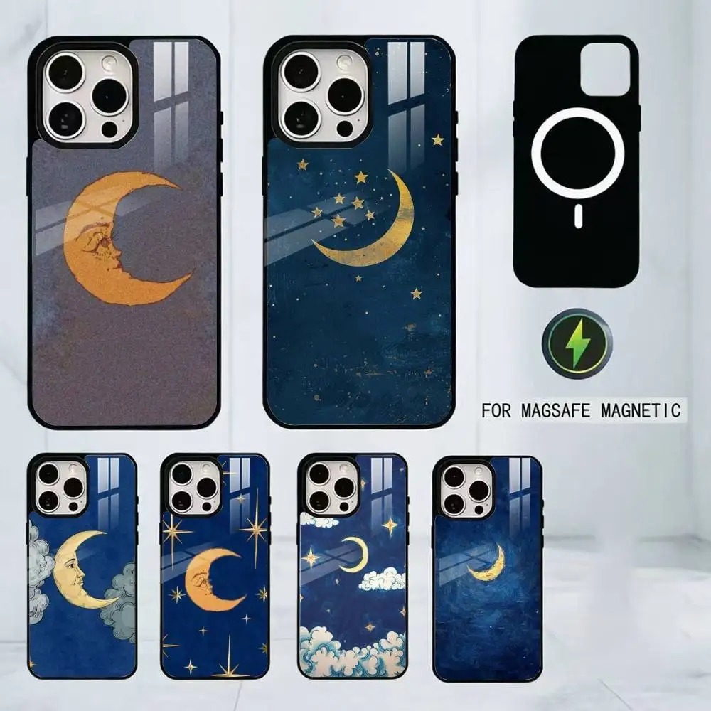 Vintage Crescent Moon Phone Case For iPhone17,16,15,14,13,12,11 Plus,Pro Magnetic with Magsafe Wireless Charging