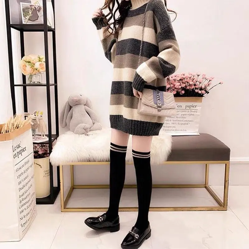 Female Clothing Half High Collar Jumpers Casual Loose Striped Spliced Korean All-match Straight Autumn Winter Knitted Sweaters