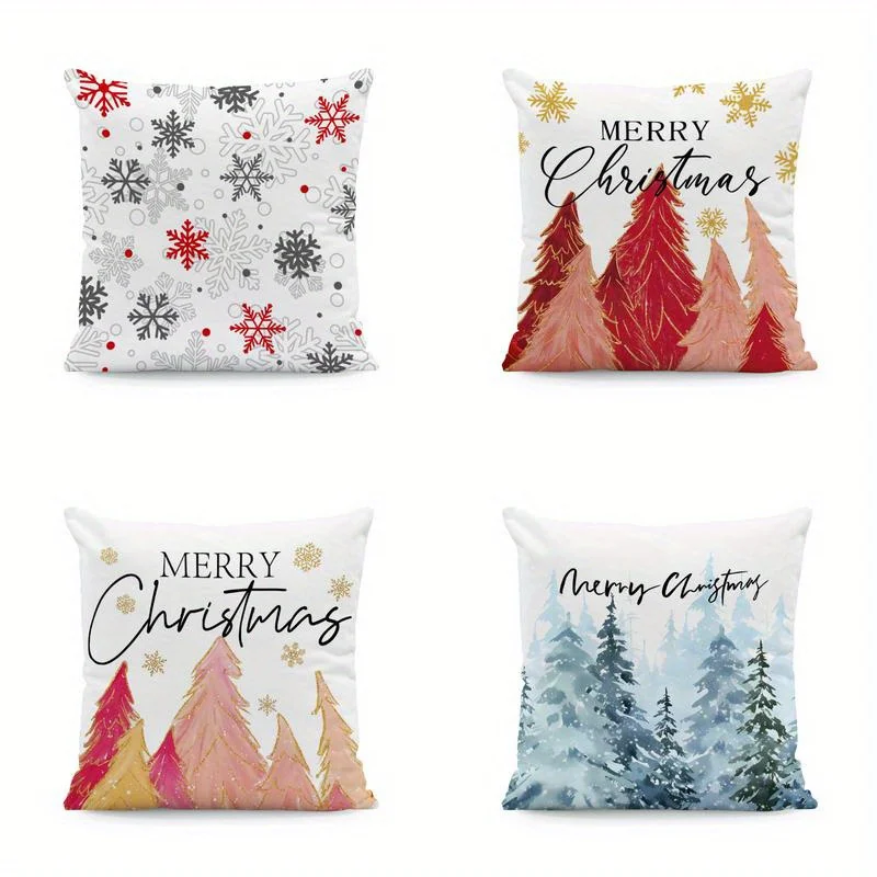 

Home Decor Merry Christmas Snowflakes & Pine Trees Pattern Cushion Cover Suitable For Sofa Bedroom Car Pillow Cover