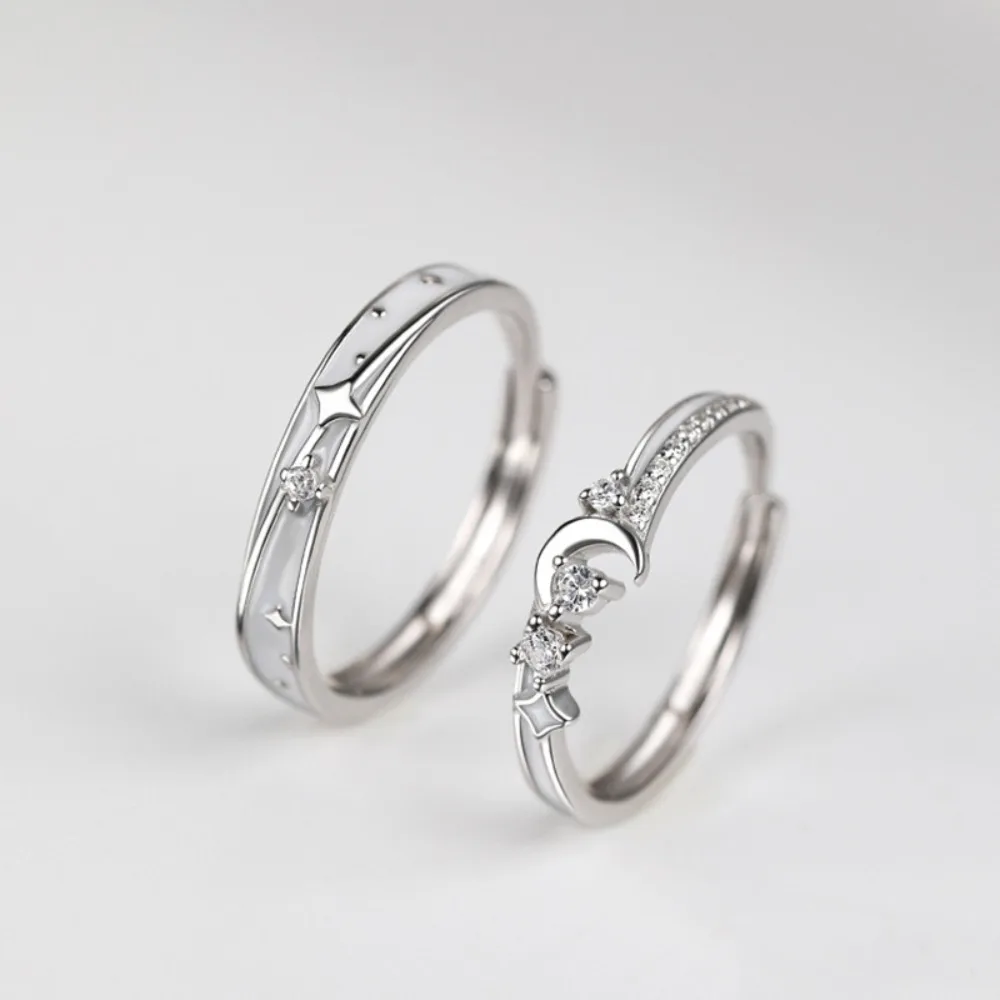 Trendy Charm 925 Sterling Silver Micro-inlay Zircon Star Moon Adjustable Couple Rings for Women Men Valentine's Day Jewelry Gift