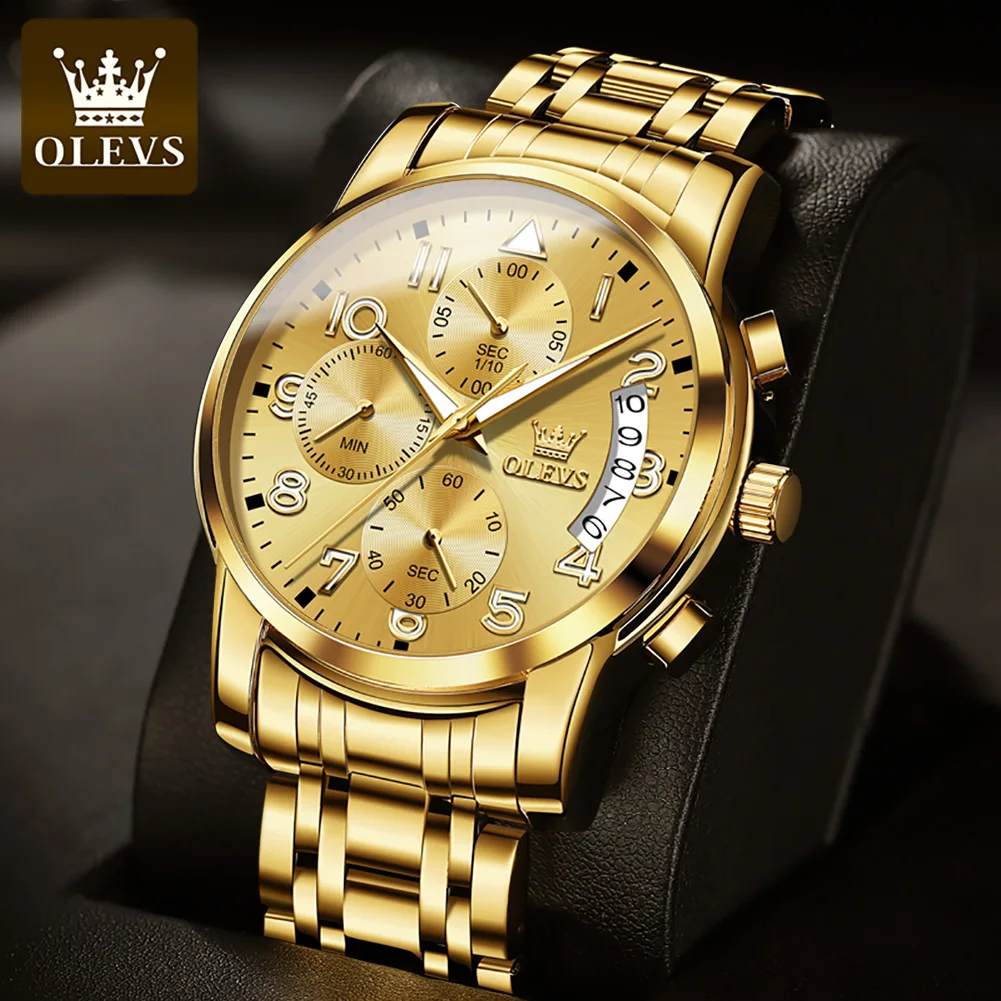 OLEVS Men's Watches Quartz Watch For Man Full Gold Strap Multifunctional Chronograph Luxury Wriswatch Waterproof Date 2879