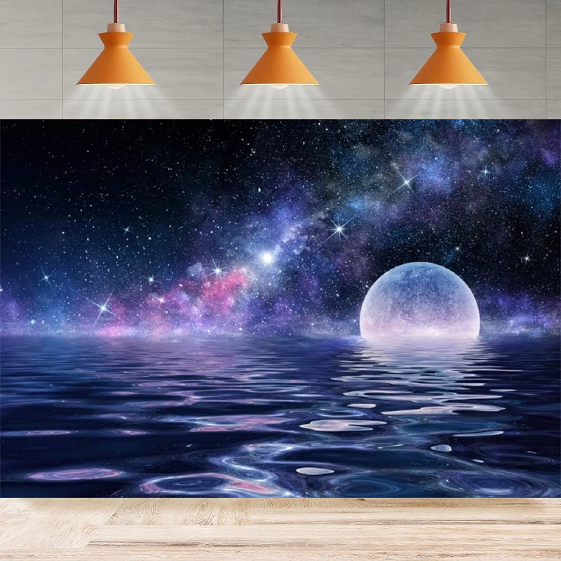 Night Sky Galaxy Photography Backdrop Full Moon Rise Over The Sea Dreamly Nebula Ocean Background Party Backdrop Wall Banner