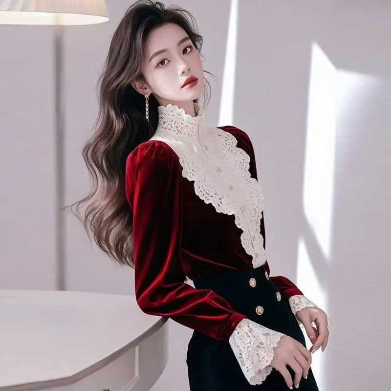 

Chic Lady New Fashion Velvet Blouses For Women French Ruffles Lace Patchwork Shirts Flared Sleeve Tops 2025 HOT Autumn Winter