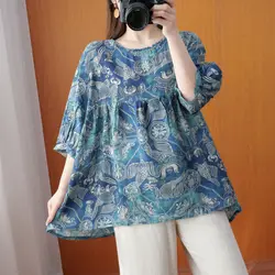 Vintage Elegant Summer Cotton Hemp Women's O-Neck Printing Pleated Simplicity Temperament Versatile Half Sleeve Loose Shirt Tops