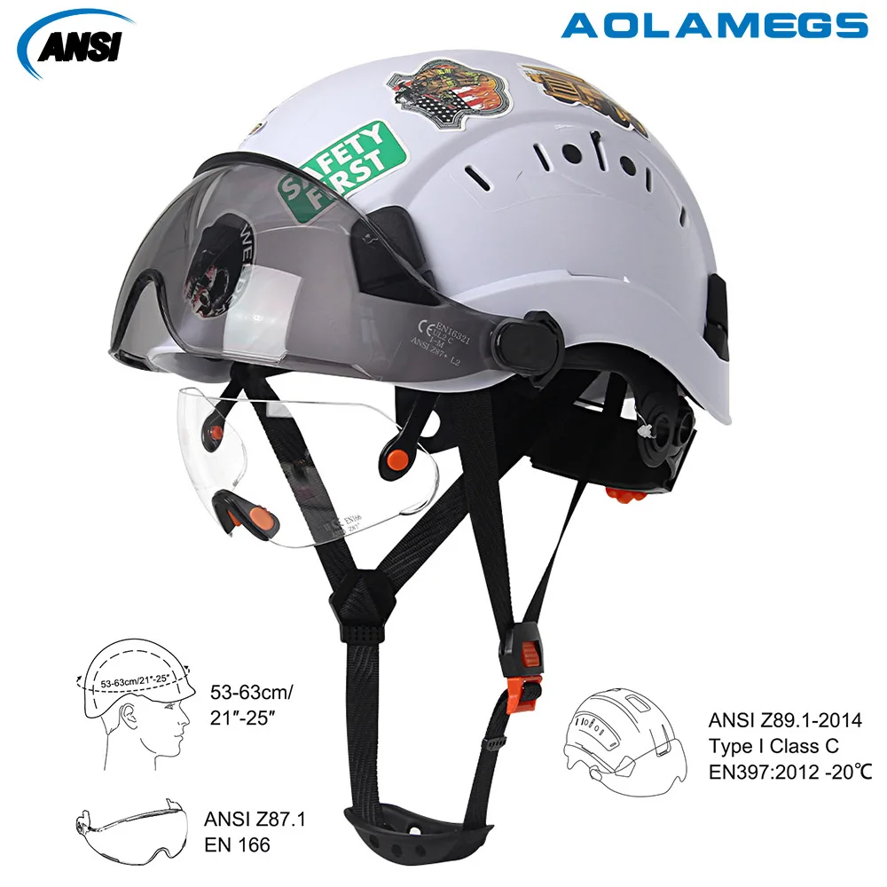 CE Safety Helmet w/ Visor Built In Goggles and 50Pcs DIY Stickers ABS Construction Hard Hat ANSI Protective Rescue Work Cap Set