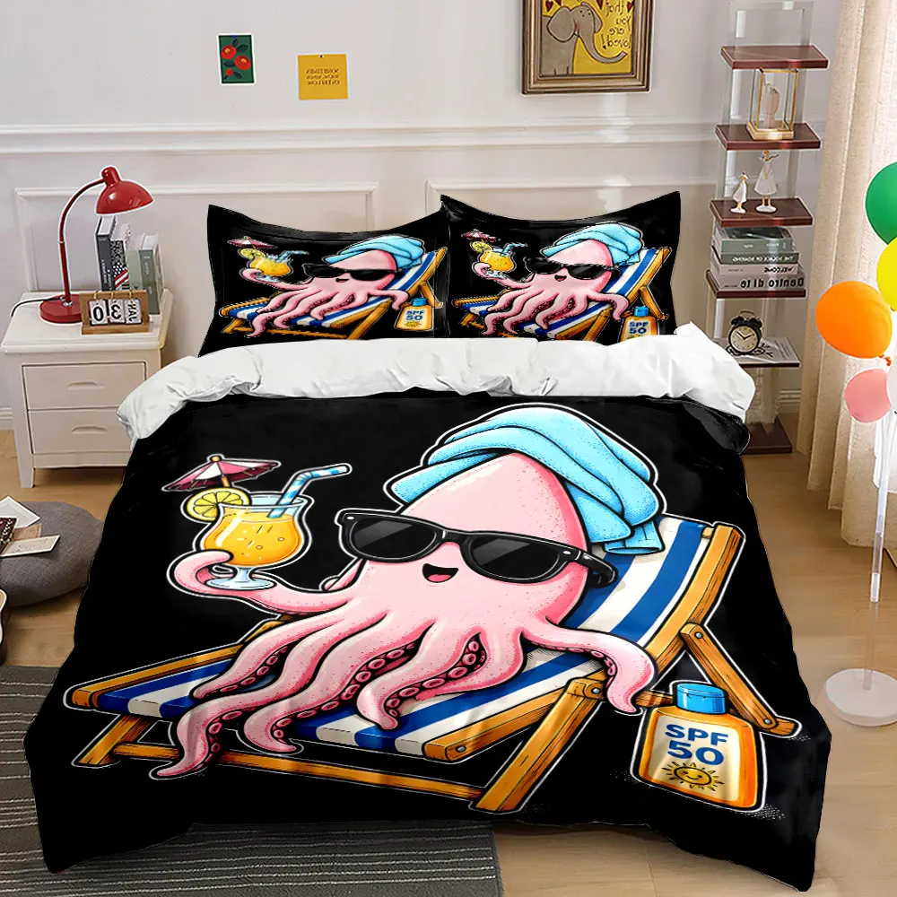 Relaxed octopus lounging with drink Print Bedding Set 1 Duvet Cover 2 Pillowcases for Adult and Children Luxury Gift Full Size