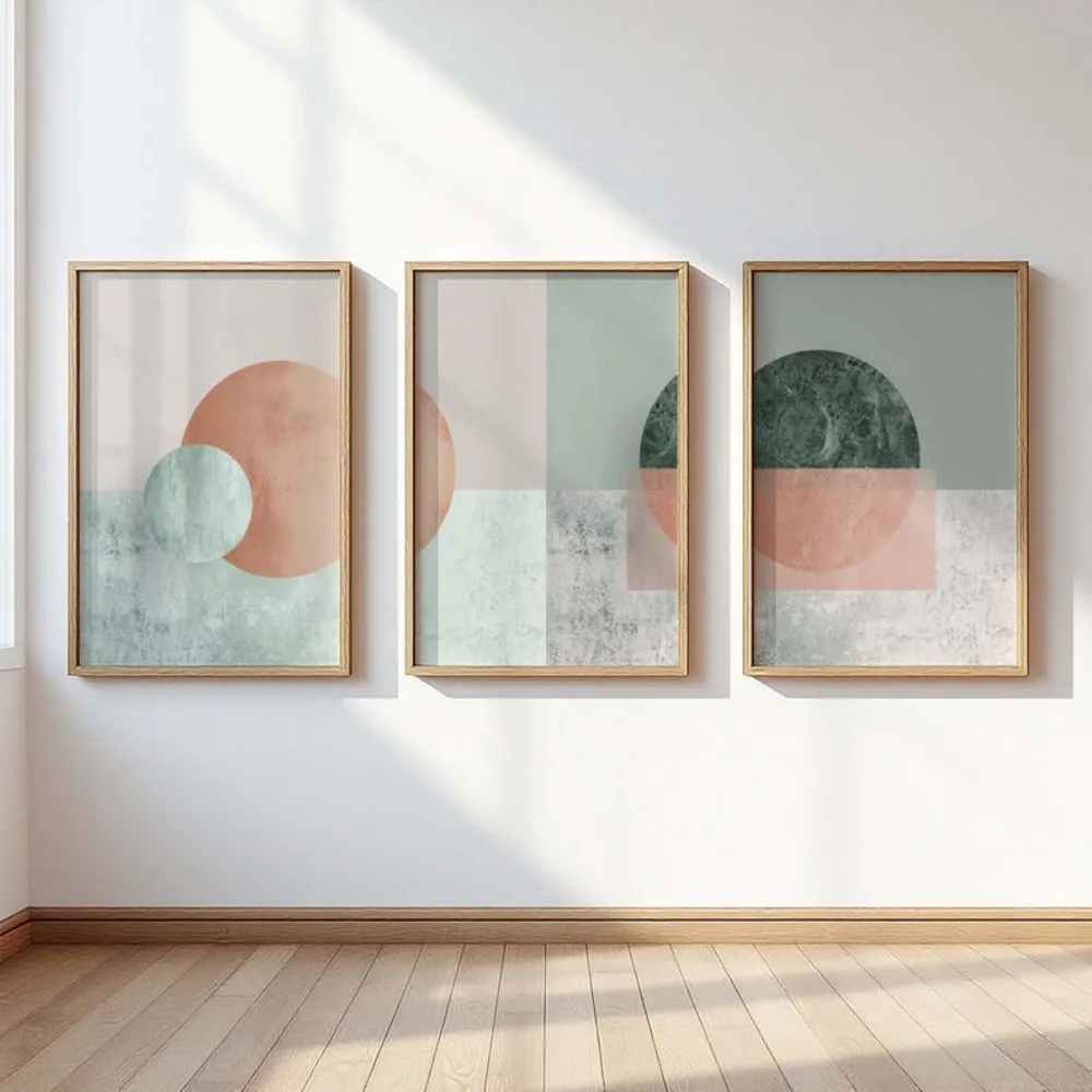 3 Frameless Modern Geometric Triptychs in Sage and Peach,Printable Posters,Instant Digital Download Living Room,Bedroom Decor
