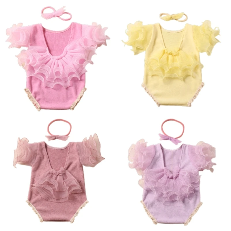 

Photography Props for Baby Girls 0-1M Photo Costume Bowknot Jumpsuits Headdress Newborn Milestones Photo Outfit 2pcs