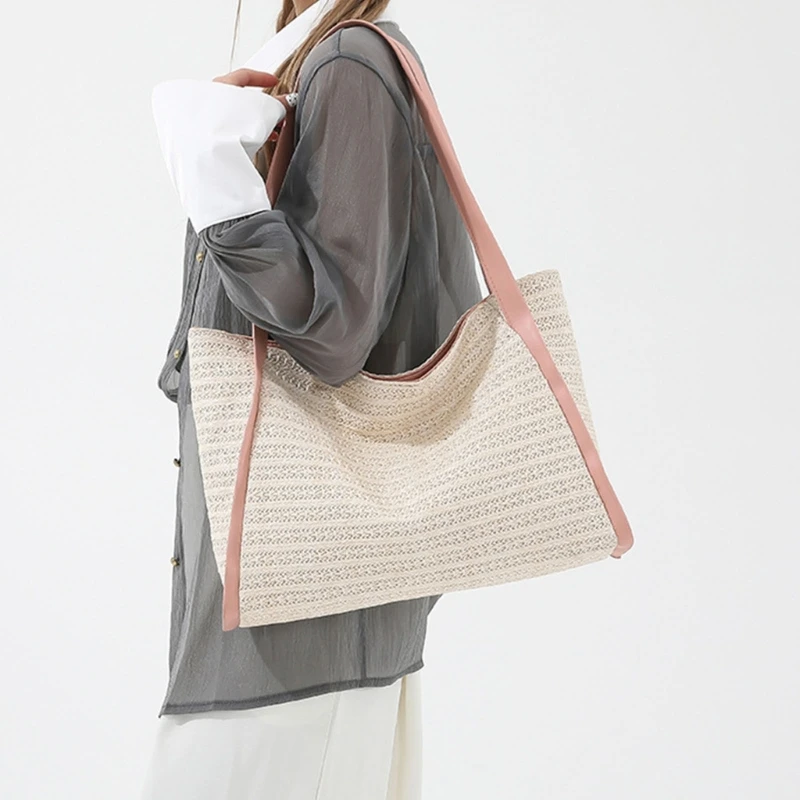 Womens Woven Straw Bag Shoulder Bag Elegant Contrast Color Faux Leather Straps Large Capacity Handbag for Beach Holiday