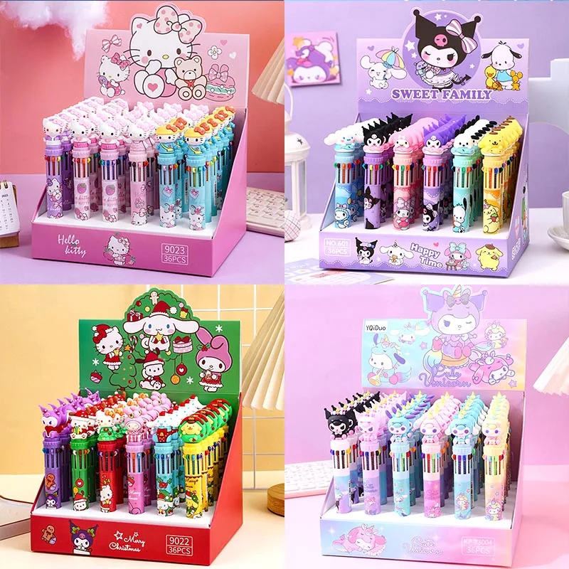 36pcs/lot Sanrio Kitty Pochacco 10 Colors Ballpoint Pen Christmas Melody Kuromi Press Ball Pens Office School Writing Supplies