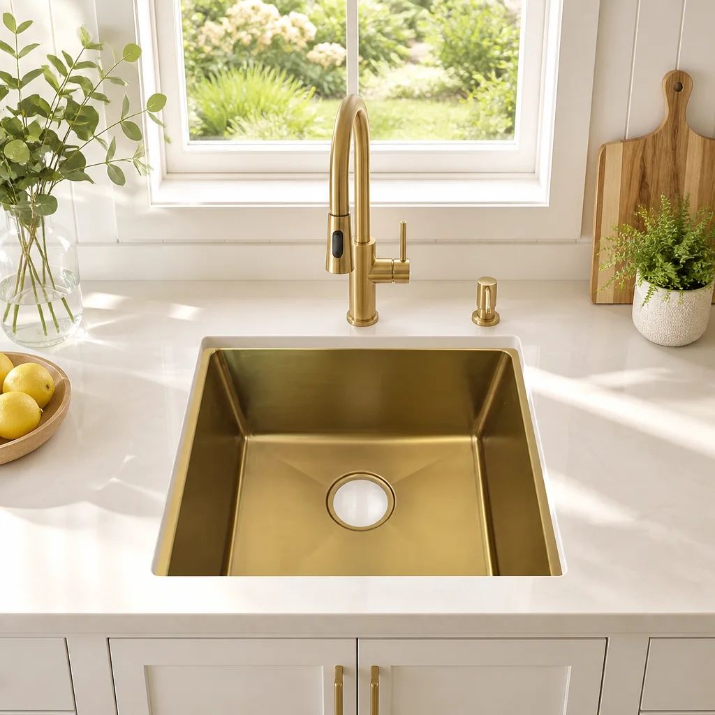 Freestanding Small Square Stainless Steel Single Bowl One Hole Gold Undermount Drainer Kitchen Sink