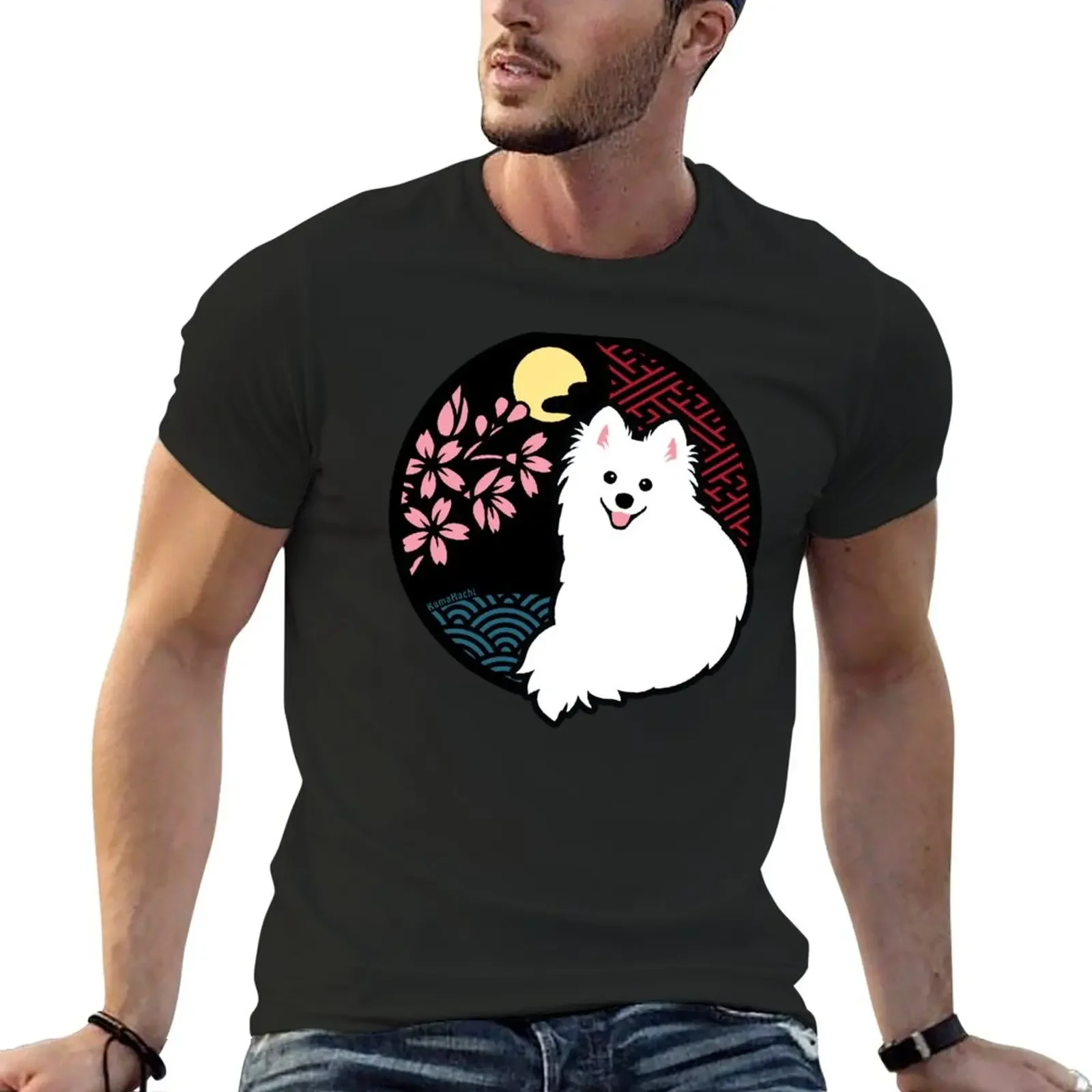 New Happy Spitz Dog & Sakura - Japanese Kirie Paper Cutting Art Style (Black) T-Shirt graphics t shirt mens vintage t shirts