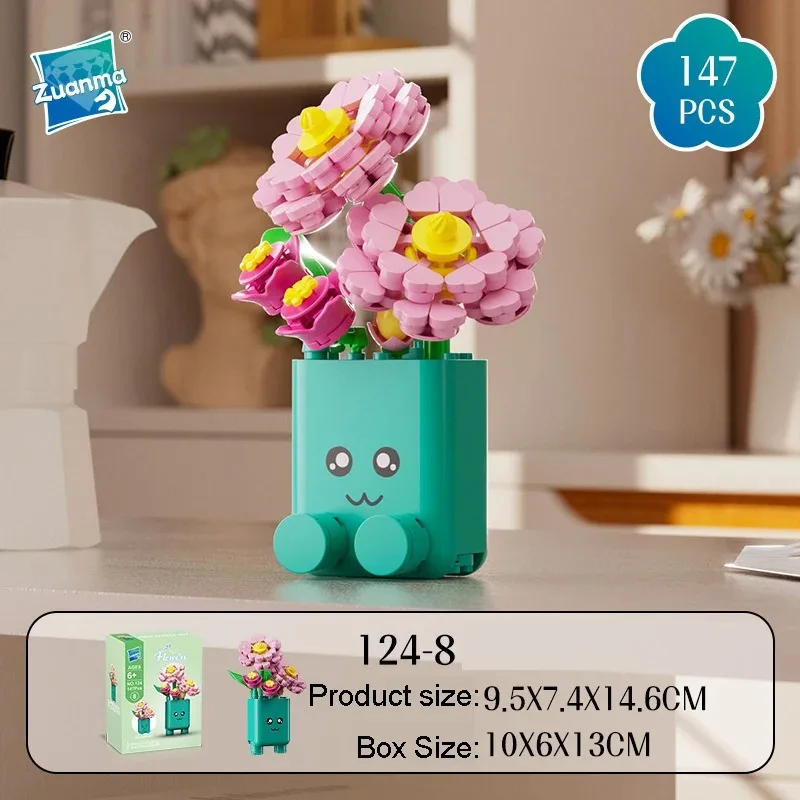 Kreative Emoticon-Blumentöpfe Bausteine Spielzeugmodell Sonnenblumen Rosen Blumen-Botanik-Bausteine Zusammenbaubares Ornament Kindergeschenk