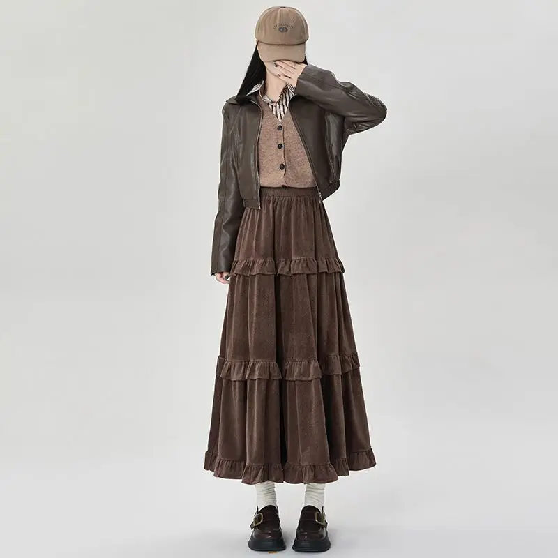 Women Fall Winter Retro Mori Girl Style Wooden Ear Edge Maxi Tiered Skirt High Waist A-line Ruffle Pleated Long Layer Cake Skirt