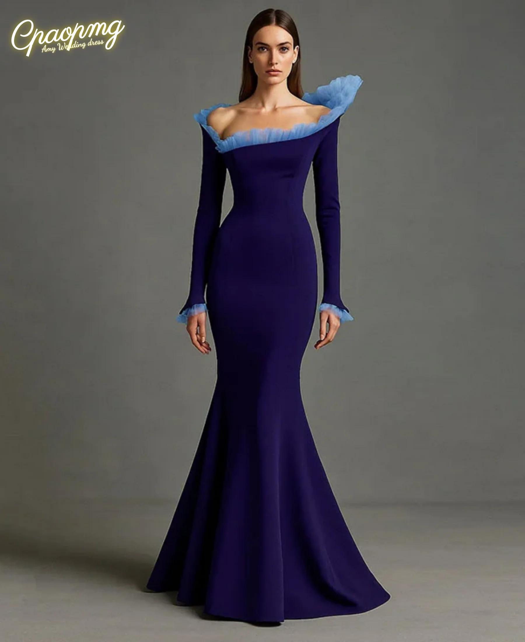 

Customized Sumnus Modern Mermaid Evening Dresses Off Shoulder Contrast Color Long Sleeves Floor-Length Formal Occasion Gowns