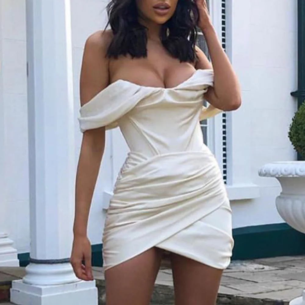 

Off Shoulder Ruched Sexy Mini Dress Women Summer Fashion Asymmetric Hem Backless Slim Sexy Short Robes Elegant Party Dress 2025
