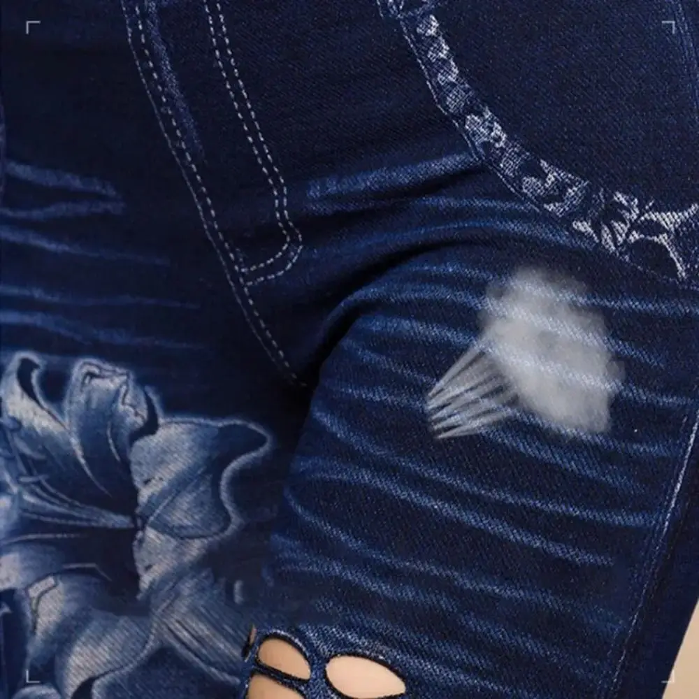 

High-waisted Sexy Women's Slim-fit Leggings Faux Denim Hollow Out Stretch Leggings Heart Flower Patterned