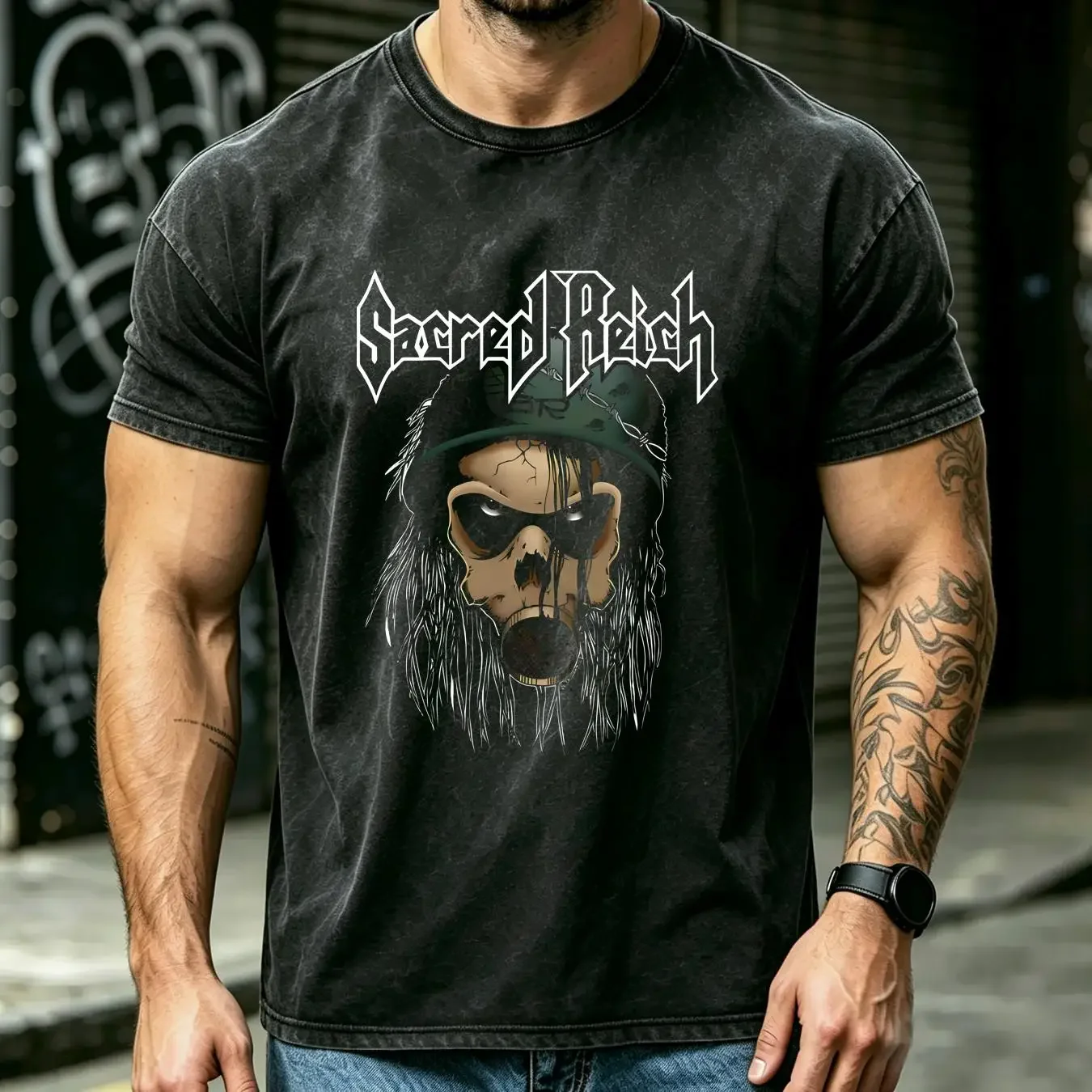 washed T Shirt SACRED REICH 2012 TOUR NEW BLACK vintage Washed Slightly graphic streetwear Breathable Versatile Stretched