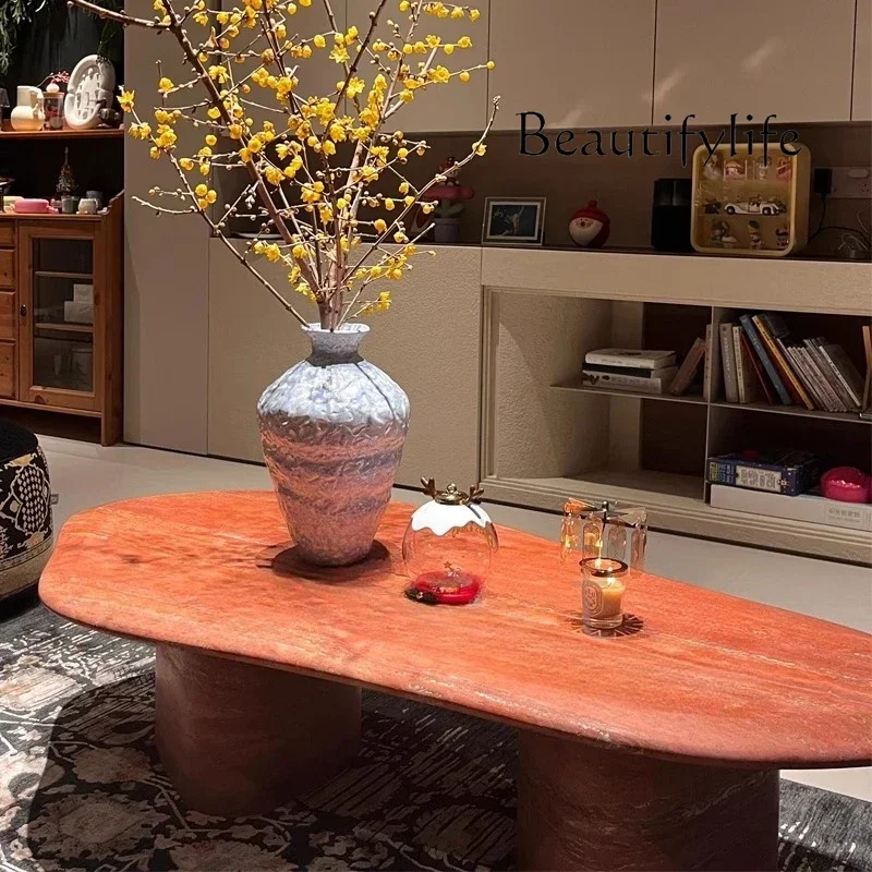 

12French natural red travertine coffee table living room home light luxury high sense medieval special-shaped coffee table