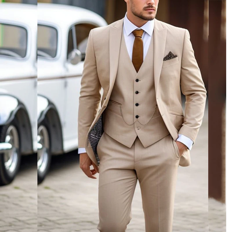 

Khaki Men's 3 Piece Suits Jacket Pants Vest Outfits Single Breasted Peak Lapel Elegant Blazer Slim Fit Custom Costume Homme 2024