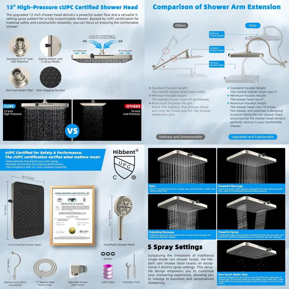 13 Dual Shower Combo with 10-Function Handheld, Rainfall Showerhead, Extension Arm, Hose, Holder in Brushed Nickel