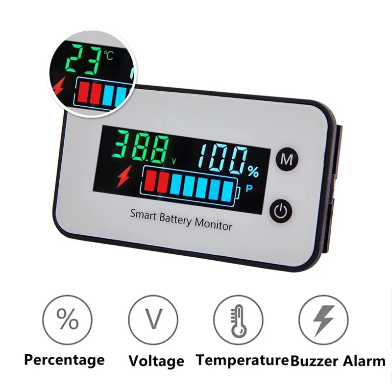 AB53 IPX7 Waterproof Battery Monitor 7-100V Battery Capacity Tester Meter with Buzzer Alarm Temperature, Multicolored Screen