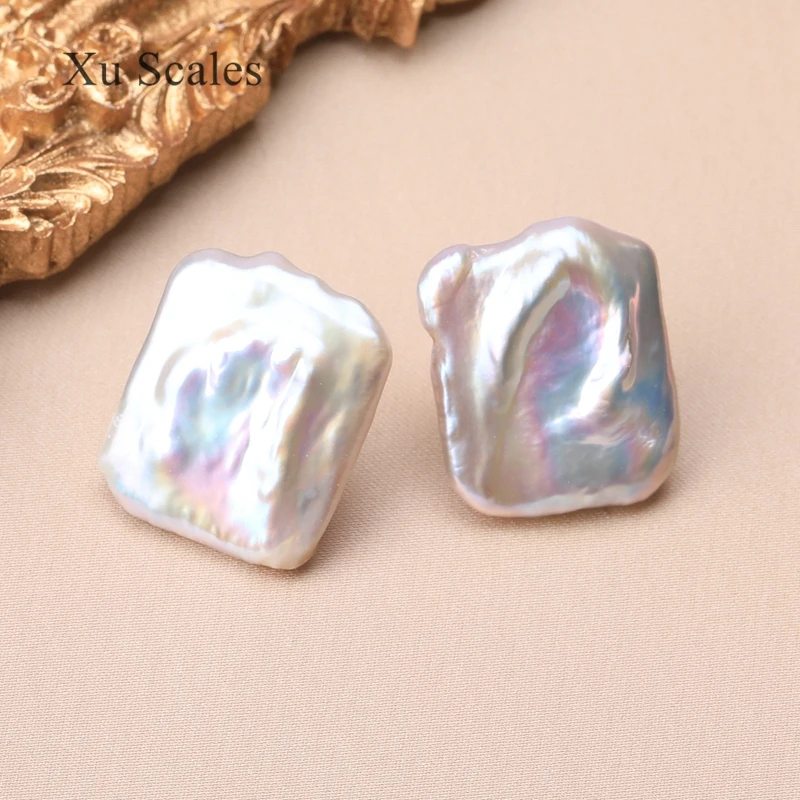 

100% Natural FreshWater Baroque 15-21mm Aurora White Square Pearl Stud Earrings S925 Sterling Silver Anti Allergy Jewelry Gift