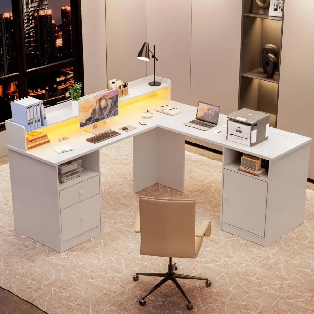 

L Shaped Desk with LED Lights & Power Outlets, 60" Corner Computer Desk with File Drawers & Monitor Stand, Wood Home O