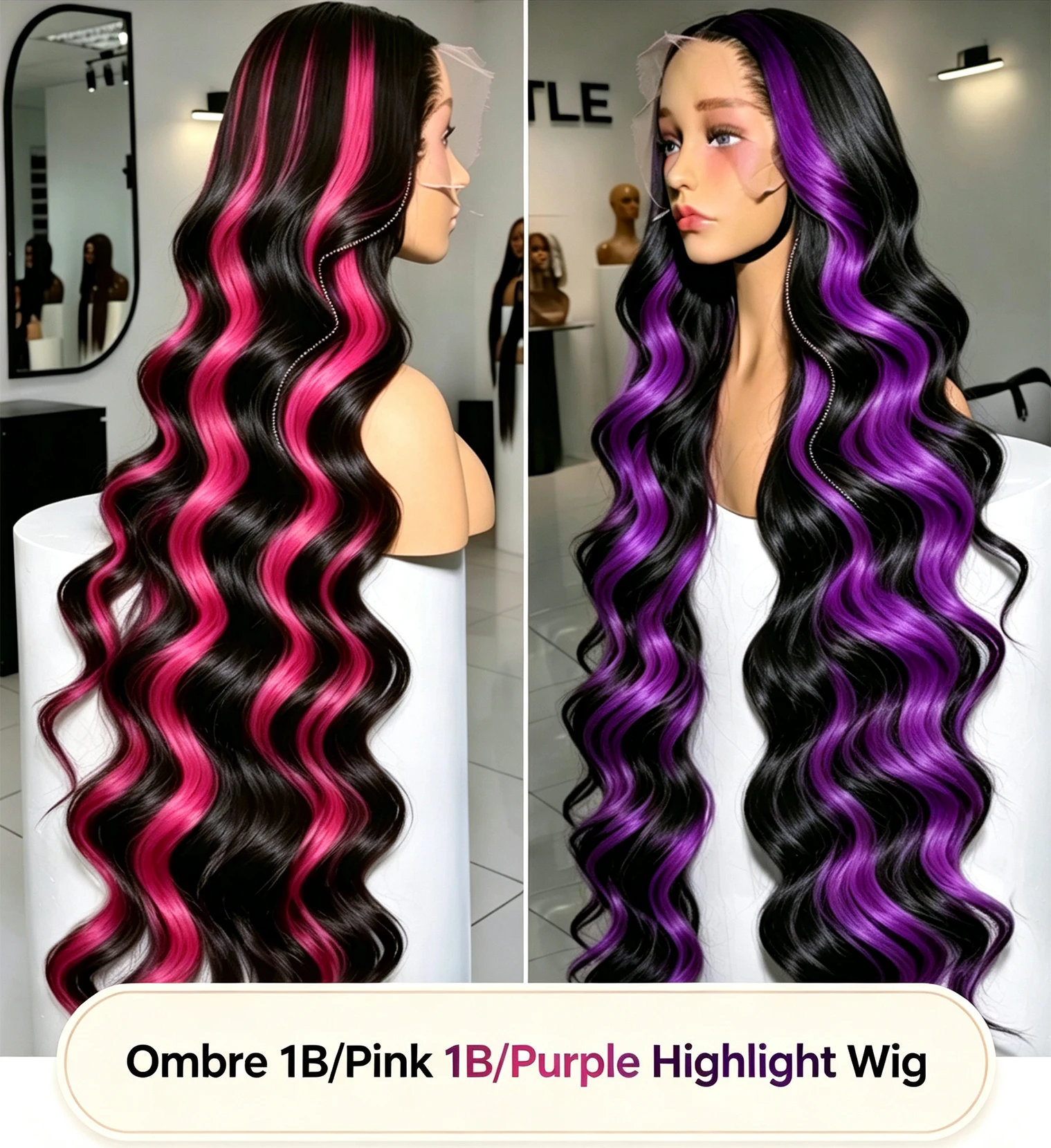 13x6 HD Lace Front Human Hair Wig 1B Pink Ombre Body Wave 1B Purple Highlight Wig Pre Plucked Transparent Lace 200 Density Colorful Party Wig