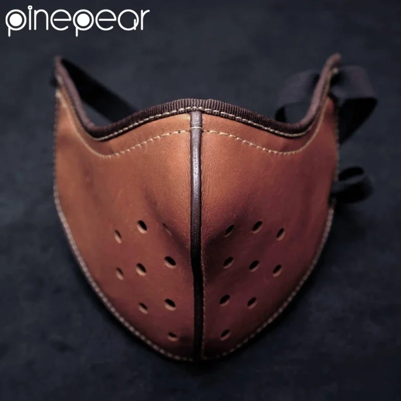 PinePear 2025 Motorcycle Retro Mask PU Leather Vintage Motorbike Riding Mask Brown Black Punk Style For Halley Masks