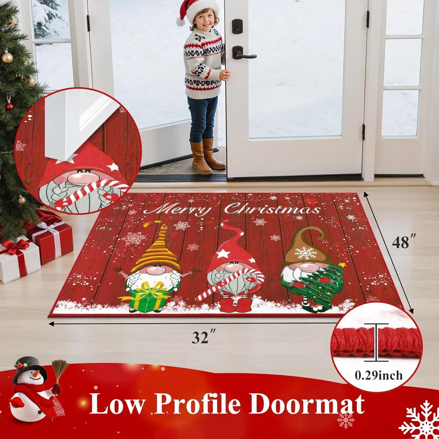 Christmas Door Mat, Christmas Welcome Doormat, Non Slip Red Santa Gnome Front Door Mats for Entryway Indoor Outdoor, Washable