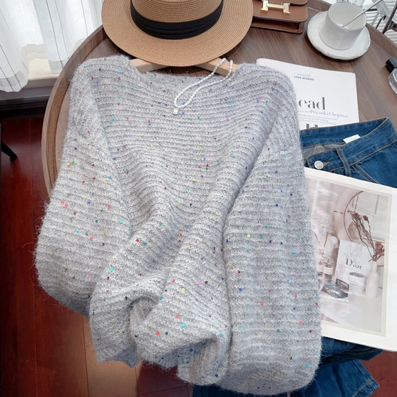 

Lazy Wind Round Neck NEW Grey Cashmere Jacket Women's Clothing Knitting Sweater Pullover Vintage Fashion 2024 Autumn Tops