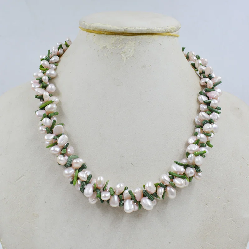 Exquisite! Beautiful 3-strand natural freshwater Baroque pearl and green coral necklace. Charm Ladies Party Jewelry 18”