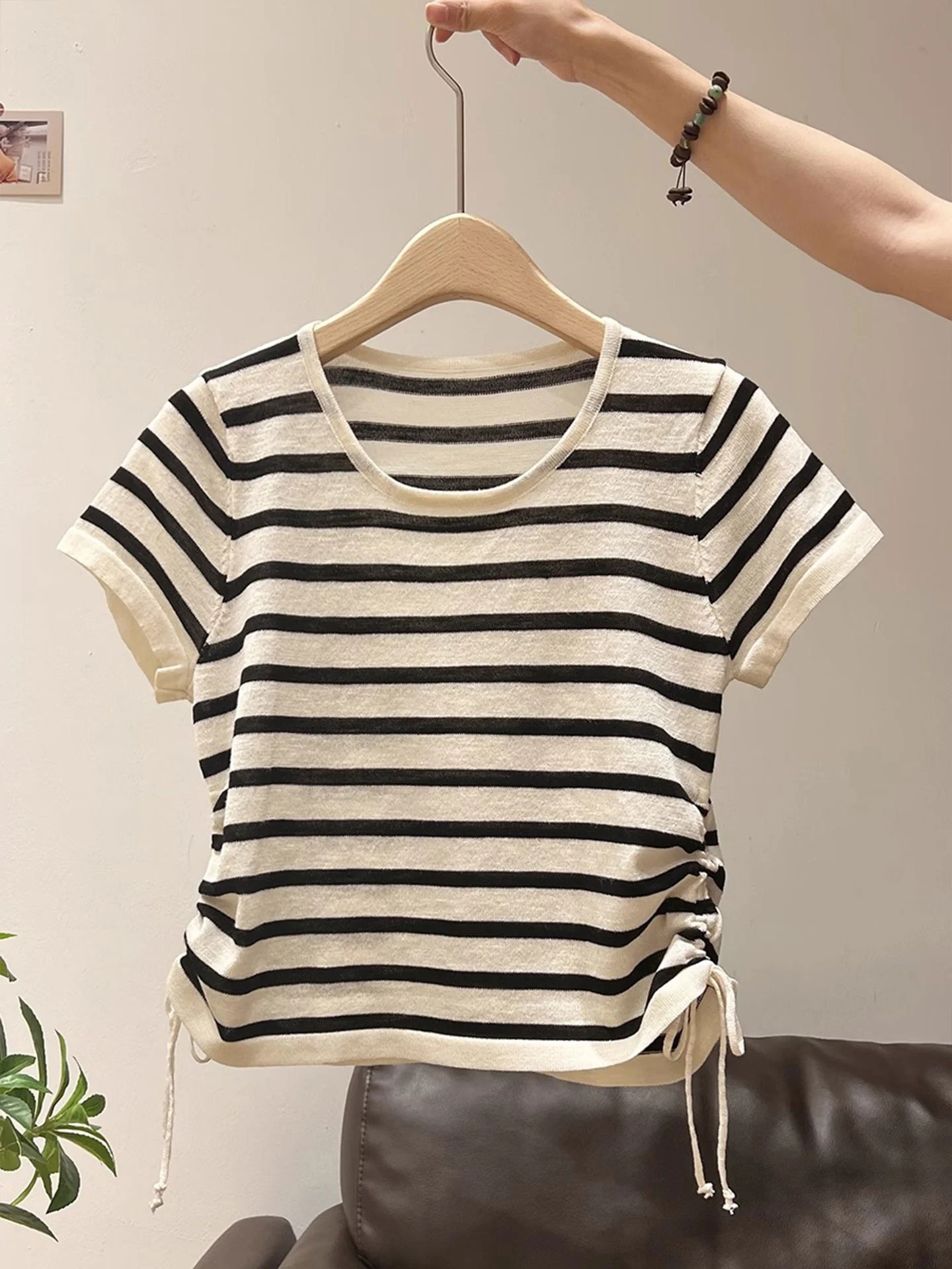 Minceur côté Dstring taille ort Sve rond Ne haut tricoté couleur Blo été Faionable Base irt femmes Sle