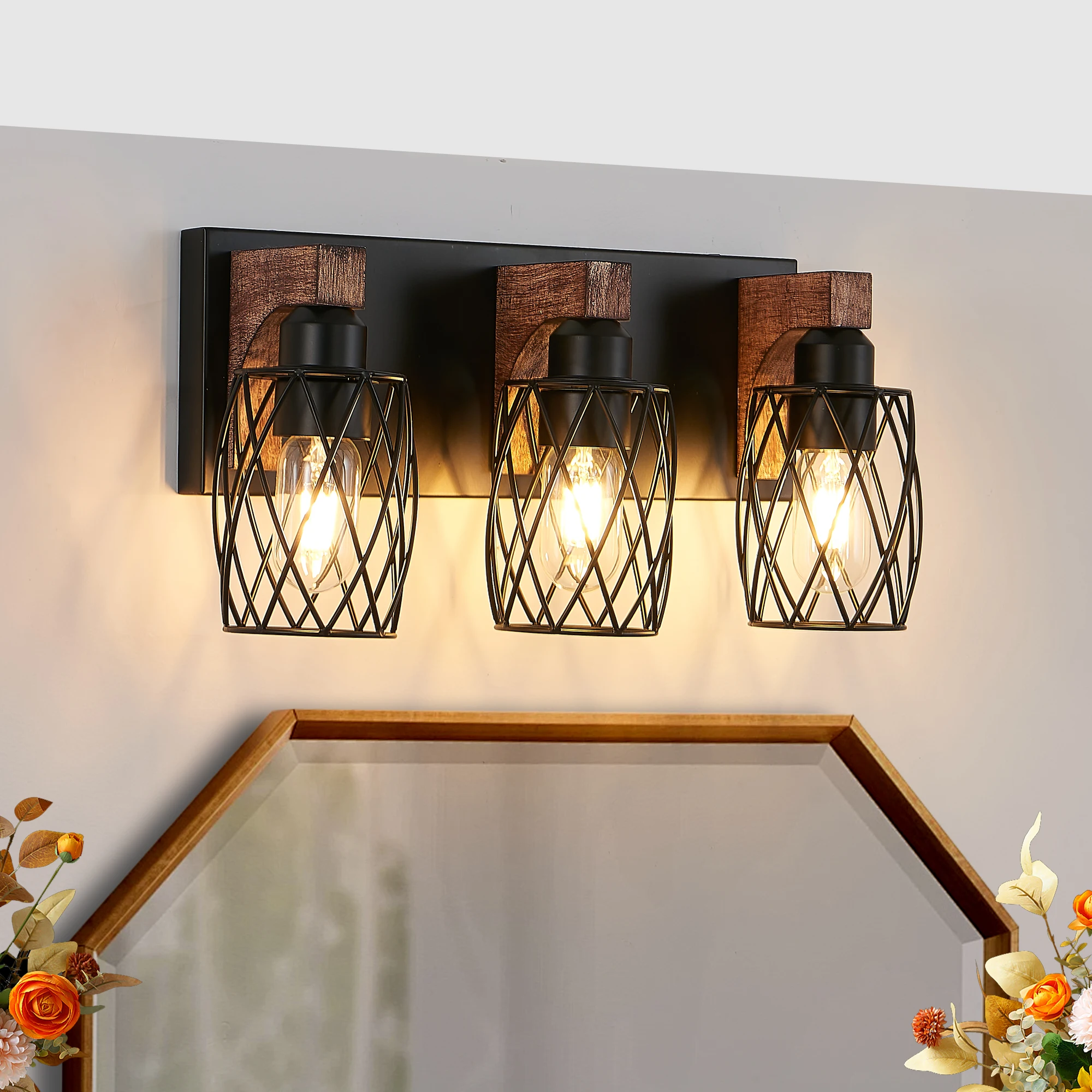 

18" Industrial Vintage 3-Light Wall Sconce - Black Cage Wall Lighting Fixture with Wooden Accents for Bathroom(No Bulb)