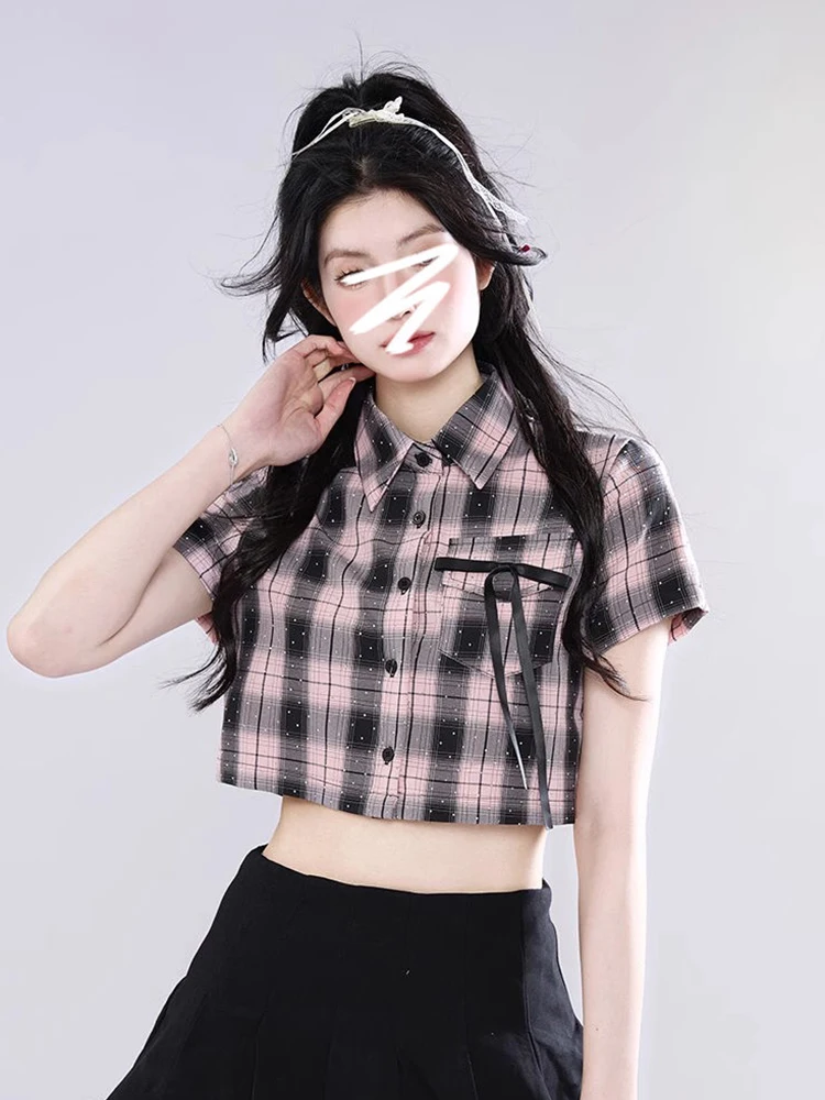 

Cropped Y2k Plaid Shirt Women Streetwear Casual Sexy Slim Vintage Blouse American Harajuku Short Sleeve Summer Female Tops