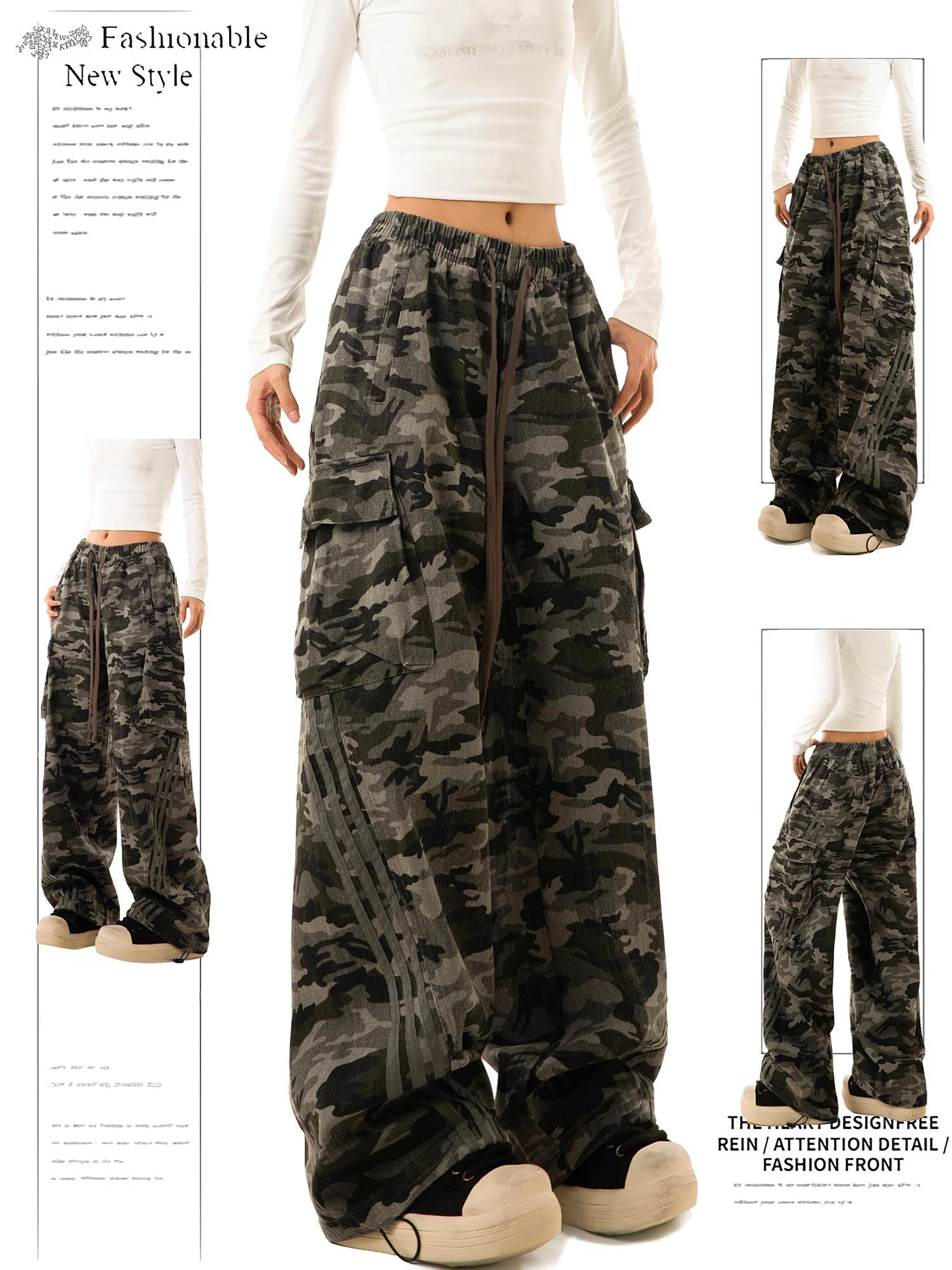 سراويل نسائية مموهة كبيرة الحجم واسعة الساق برباط الخصر وجيوب متعددة ملابس غير رسمية للسيدات #1