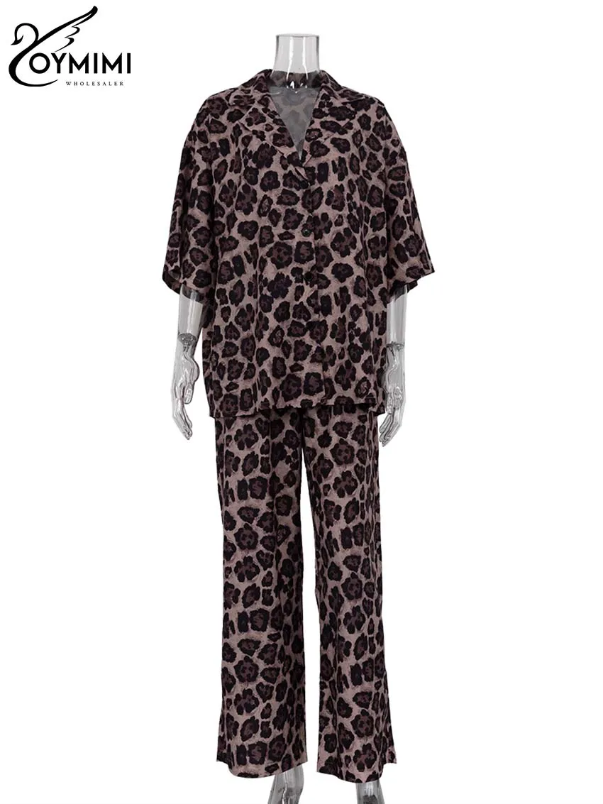 Oymimi Fashion Brown Leopard Print Sets For Women 2 Pieces Elegant Loose Three Quarter Sleeve Shirts And Drawstring Trousers Set