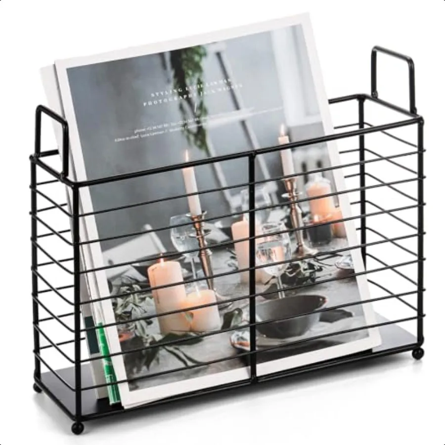 

Metal Magazine Rack Newspaper Book Tablet Storage Basket File Holder Mail Organizer Bin with Handles Iron Wire Black Folder Sta