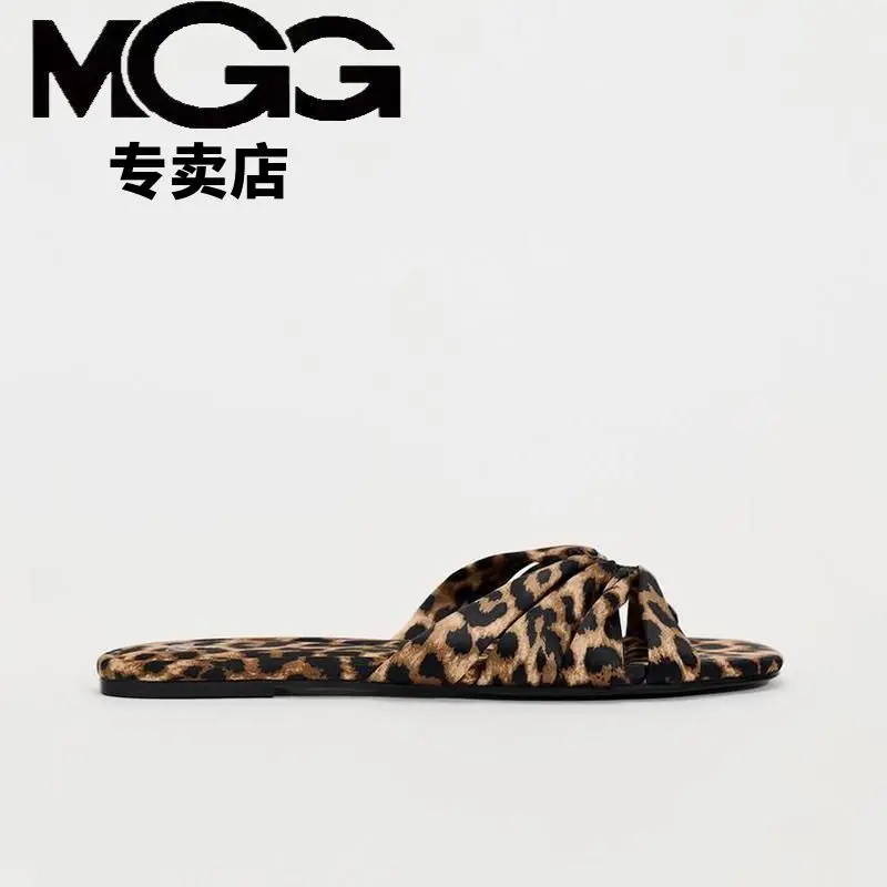 

Like ZA 2024 new summer slim leopard print floral knot flat slippers versatile and simple vacation flat heel sandals women shoes