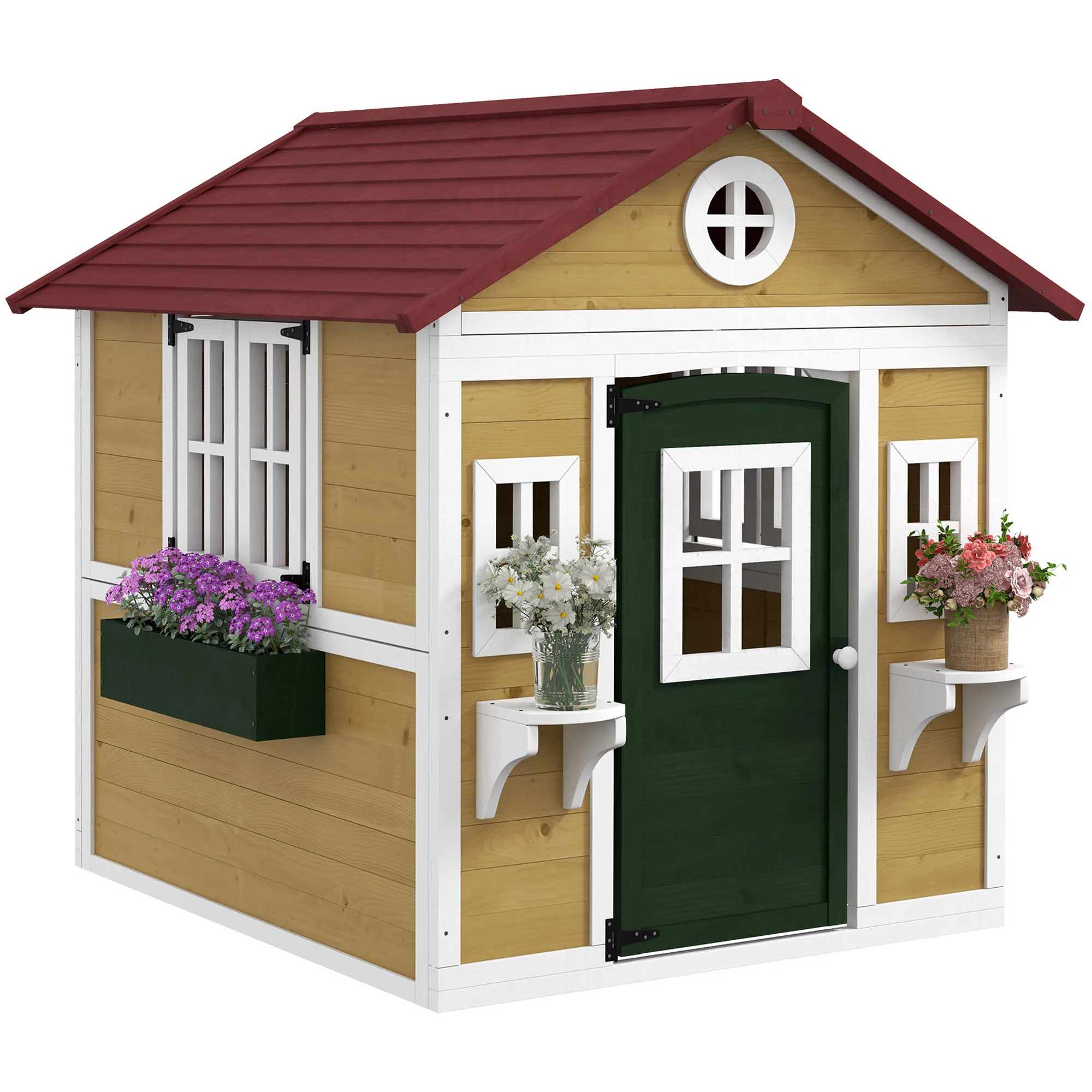 Maison en bois pour enfants Outsunny avec porte, fenêtres, jardinières et étagères avec détails colorés 114X126.4X135 cm