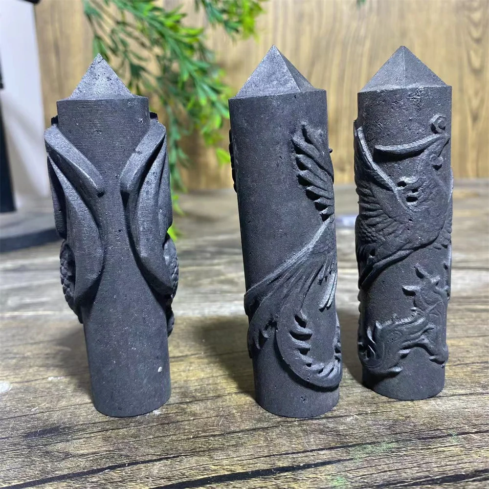 Crystal Natural Shungite Tower Point Wand Phoenix Dragon Healing Crystal Gemstones Quality Minerals Spiritual Home Decoration
