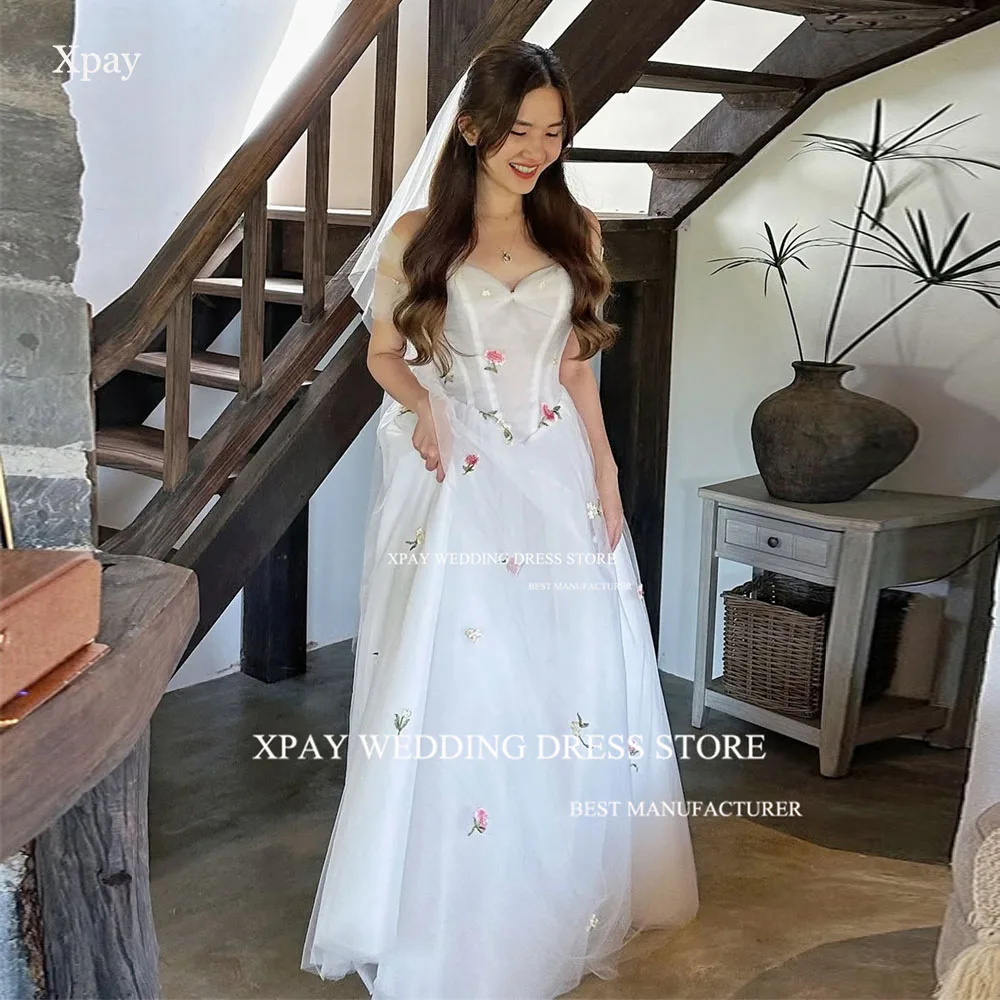 Xpay querida coreia uma linha vestidos de casamento tule macio sem alças vestido de noiva sessão de fotos personalizado rendas apliques vestido de noiva