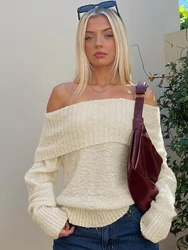 Fantoye dzianinowy seksowny sweter z odkrytymi ramionami sweter damski morelowy Backless sweter z długim rękawem jesienno-zimowa nowa casualowe w stylu Streetwear